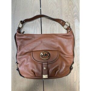 Michael Kors Leather Hobo Handbag Shoulder Bag Gold Plated Hardware Fulton Brown